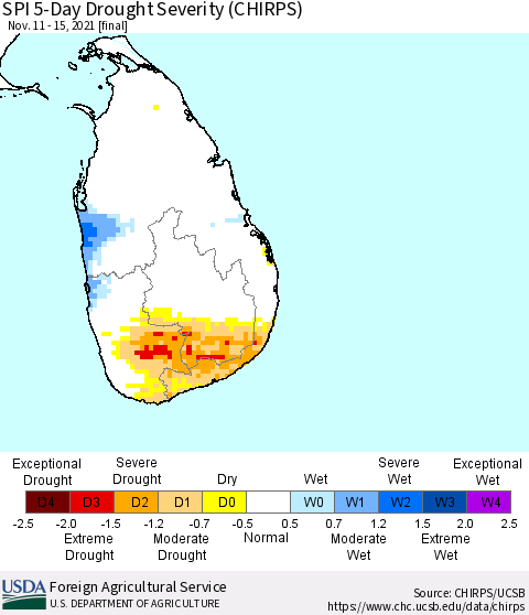 Sri Lanka SPI 5-Day Drought Severity (CHIRPS) Thematic Map For 11/11/2021 - 11/15/2021