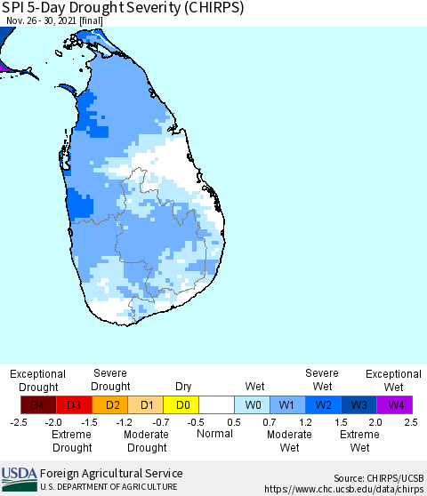 Sri Lanka SPI 5-Day Drought Severity (CHIRPS) Thematic Map For 11/26/2021 - 11/30/2021