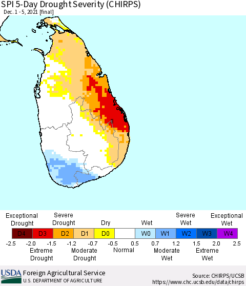 Sri Lanka SPI 5-Day Drought Severity (CHIRPS) Thematic Map For 12/1/2021 - 12/5/2021