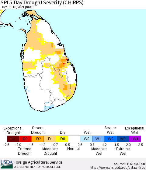 Sri Lanka SPI 5-Day Drought Severity (CHIRPS) Thematic Map For 12/6/2021 - 12/10/2021