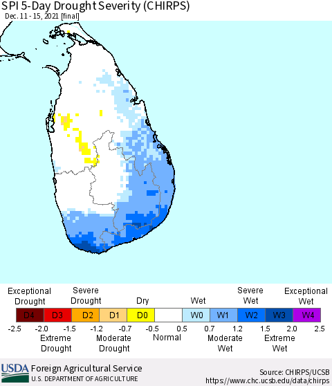 Sri Lanka SPI 5-Day Drought Severity (CHIRPS) Thematic Map For 12/11/2021 - 12/15/2021