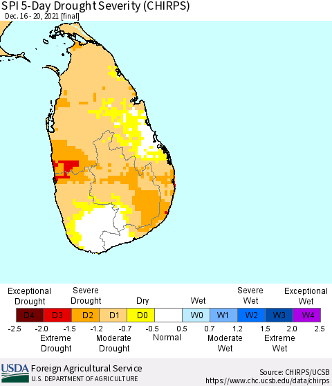 Sri Lanka SPI 5-Day Drought Severity (CHIRPS) Thematic Map For 12/16/2021 - 12/20/2021
