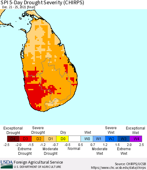 Sri Lanka SPI 5-Day Drought Severity (CHIRPS) Thematic Map For 12/21/2021 - 12/25/2021