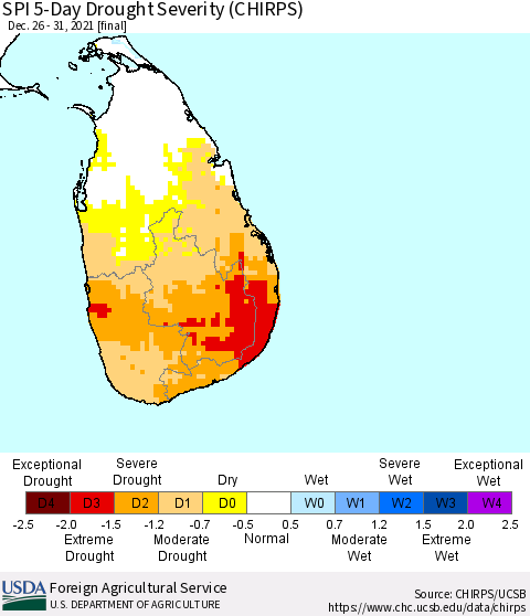 Sri Lanka SPI 5-Day Drought Severity (CHIRPS) Thematic Map For 12/26/2021 - 12/31/2021