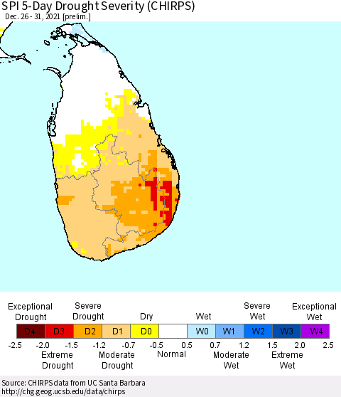 Sri Lanka SPI 5-Day Drought Severity (CHIRPS) Thematic Map For 12/26/2021 - 12/31/2021