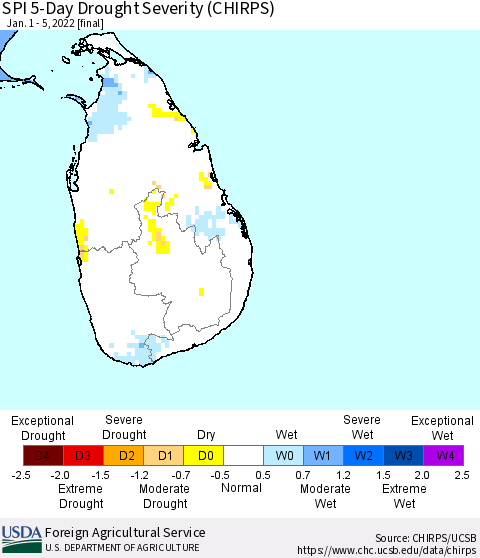 Sri Lanka SPI 5-Day Drought Severity (CHIRPS) Thematic Map For 1/1/2022 - 1/5/2022