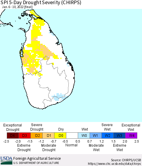 Sri Lanka SPI 5-Day Drought Severity (CHIRPS) Thematic Map For 1/6/2022 - 1/10/2022