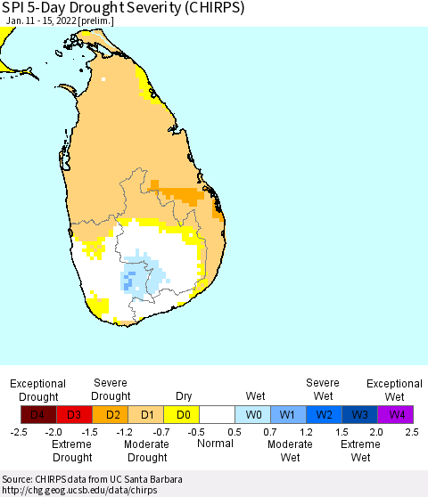 Sri Lanka SPI 5-Day Drought Severity (CHIRPS) Thematic Map For 1/11/2022 - 1/15/2022
