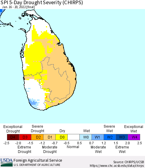 Sri Lanka SPI 5-Day Drought Severity (CHIRPS) Thematic Map For 1/16/2022 - 1/20/2022