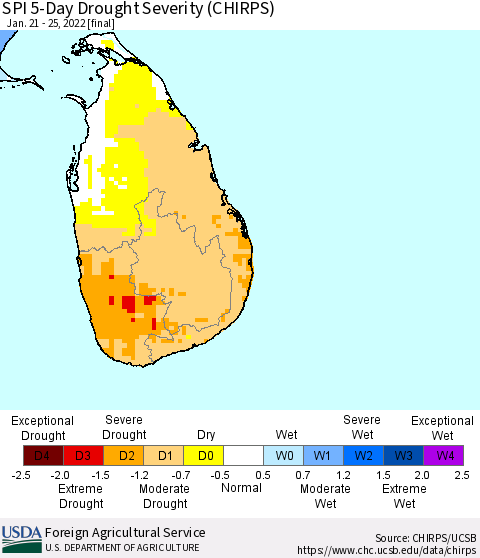 Sri Lanka SPI 5-Day Drought Severity (CHIRPS) Thematic Map For 1/21/2022 - 1/25/2022
