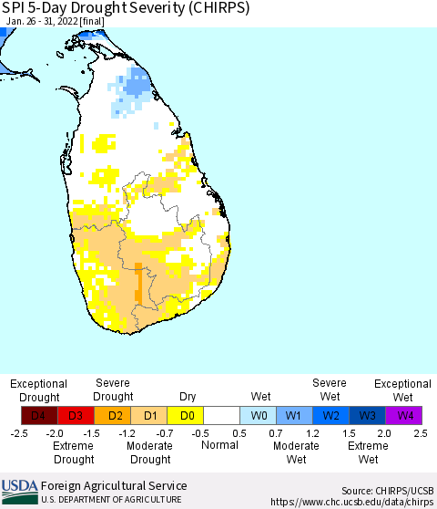 Sri Lanka SPI 5-Day Drought Severity (CHIRPS) Thematic Map For 1/26/2022 - 1/31/2022
