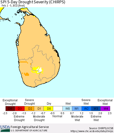 Sri Lanka SPI 5-Day Drought Severity (CHIRPS) Thematic Map For 2/1/2022 - 2/5/2022