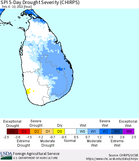 Sri Lanka SPI 5-Day Drought Severity (CHIRPS) Thematic Map For 2/6/2022 - 2/10/2022