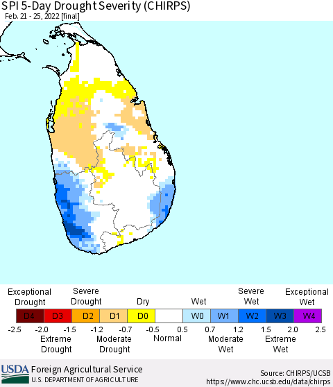 Sri Lanka SPI 5-Day Drought Severity (CHIRPS) Thematic Map For 2/21/2022 - 2/25/2022