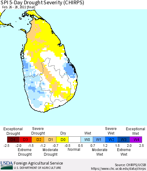 Sri Lanka SPI 5-Day Drought Severity (CHIRPS) Thematic Map For 2/26/2022 - 2/28/2022