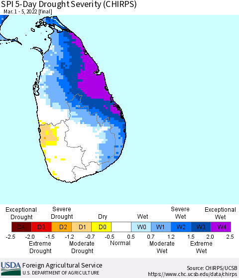 Sri Lanka SPI 5-Day Drought Severity (CHIRPS) Thematic Map For 3/1/2022 - 3/5/2022