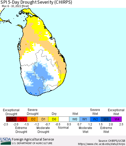 Sri Lanka SPI 5-Day Drought Severity (CHIRPS) Thematic Map For 3/6/2022 - 3/10/2022