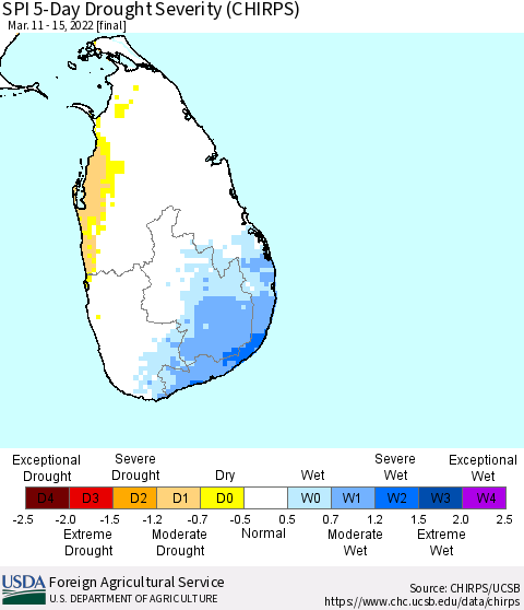 Sri Lanka SPI 5-Day Drought Severity (CHIRPS) Thematic Map For 3/11/2022 - 3/15/2022