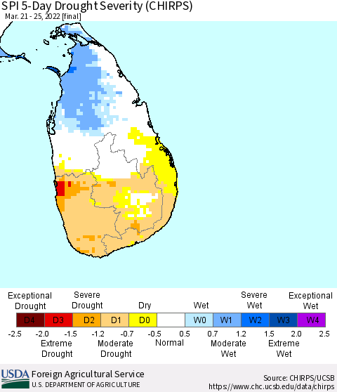 Sri Lanka SPI 5-Day Drought Severity (CHIRPS) Thematic Map For 3/21/2022 - 3/25/2022