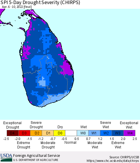 Sri Lanka SPI 5-Day Drought Severity (CHIRPS) Thematic Map For 4/6/2022 - 4/10/2022