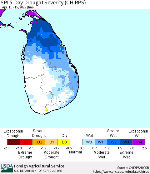 Sri Lanka SPI 5-Day Drought Severity (CHIRPS) Thematic Map For 4/11/2022 - 4/15/2022