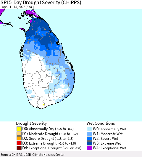 Sri Lanka SPI 5-Day Drought Severity (CHIRPS) Thematic Map For 4/11/2022 - 4/15/2022