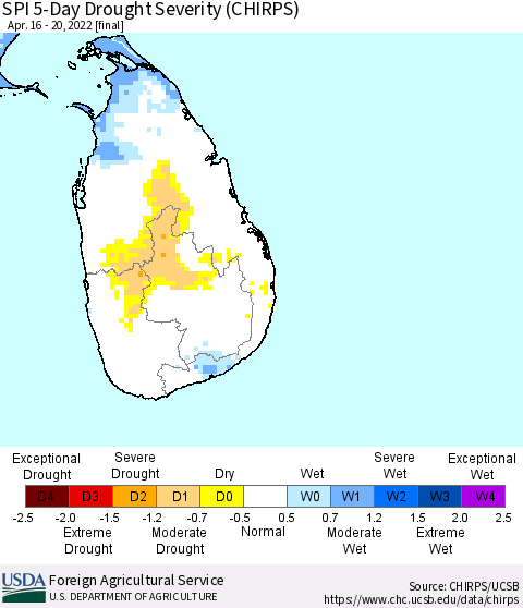 Sri Lanka SPI 5-Day Drought Severity (CHIRPS) Thematic Map For 4/16/2022 - 4/20/2022