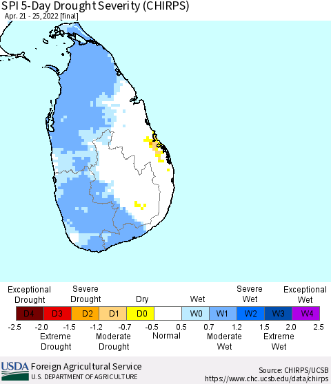 Sri Lanka SPI 5-Day Drought Severity (CHIRPS) Thematic Map For 4/21/2022 - 4/25/2022