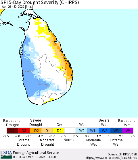 Sri Lanka SPI 5-Day Drought Severity (CHIRPS) Thematic Map For 4/26/2022 - 4/30/2022