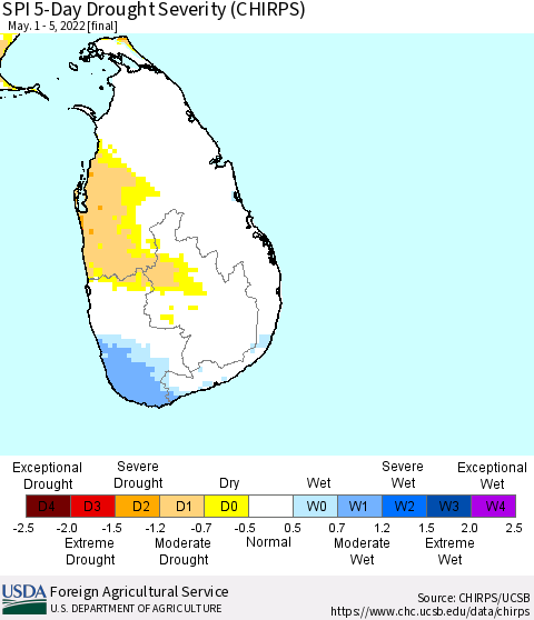 Sri Lanka SPI 5-Day Drought Severity (CHIRPS) Thematic Map For 5/1/2022 - 5/5/2022