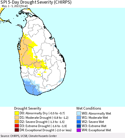 Sri Lanka SPI 5-Day Drought Severity (CHIRPS) Thematic Map For 5/1/2022 - 5/5/2022