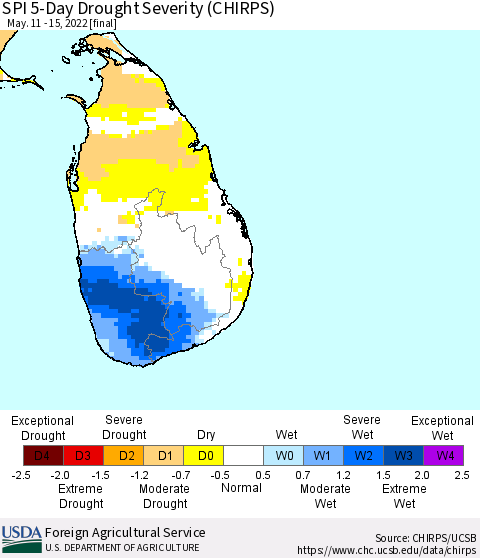 Sri Lanka SPI 5-Day Drought Severity (CHIRPS) Thematic Map For 5/11/2022 - 5/15/2022