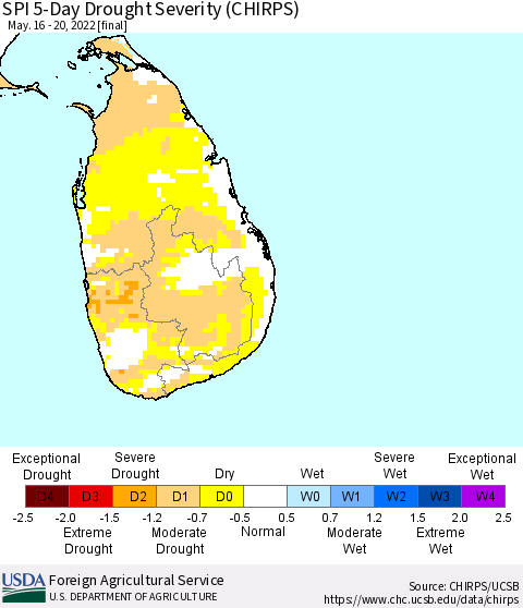 Sri Lanka SPI 5-Day Drought Severity (CHIRPS) Thematic Map For 5/16/2022 - 5/20/2022