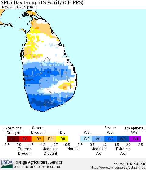 Sri Lanka SPI 5-Day Drought Severity (CHIRPS) Thematic Map For 5/26/2022 - 5/31/2022