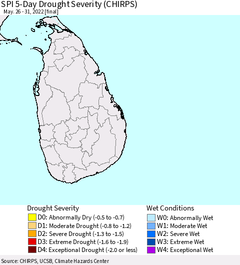 Sri Lanka SPI 5-Day Drought Severity (CHIRPS) Thematic Map For 5/26/2022 - 5/31/2022