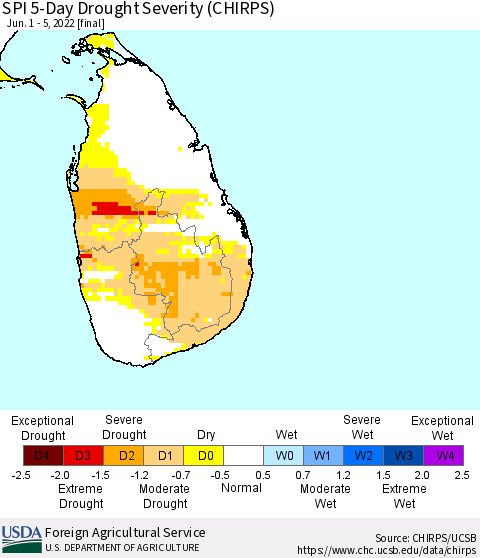 Sri Lanka SPI 5-Day Drought Severity (CHIRPS) Thematic Map For 6/1/2022 - 6/5/2022