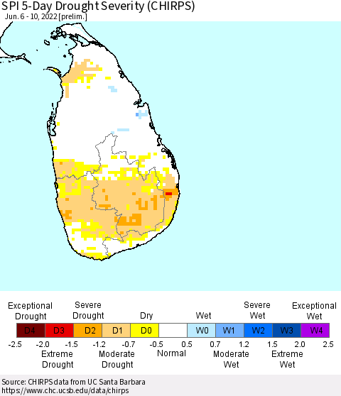 Sri Lanka SPI 5-Day Drought Severity (CHIRPS) Thematic Map For 6/6/2022 - 6/10/2022