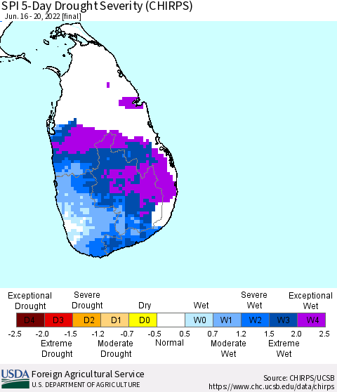 Sri Lanka SPI 5-Day Drought Severity (CHIRPS) Thematic Map For 6/16/2022 - 6/20/2022