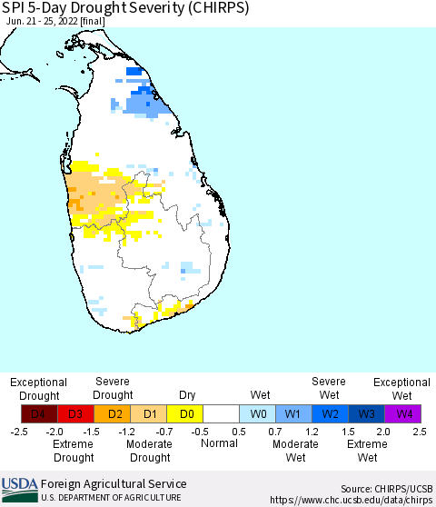 Sri Lanka SPI 5-Day Drought Severity (CHIRPS) Thematic Map For 6/21/2022 - 6/25/2022