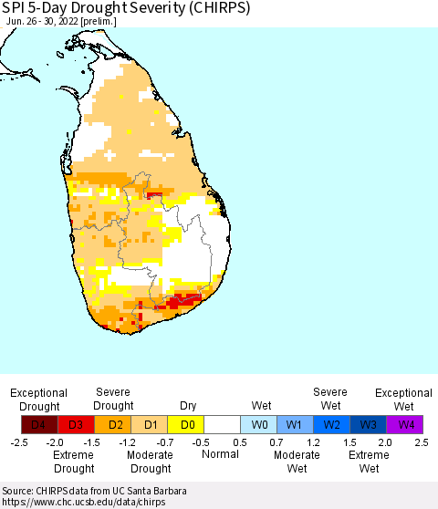 Sri Lanka SPI 5-Day Drought Severity (CHIRPS) Thematic Map For 6/26/2022 - 6/30/2022