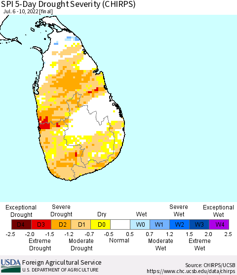 Sri Lanka SPI 5-Day Drought Severity (CHIRPS) Thematic Map For 7/6/2022 - 7/10/2022
