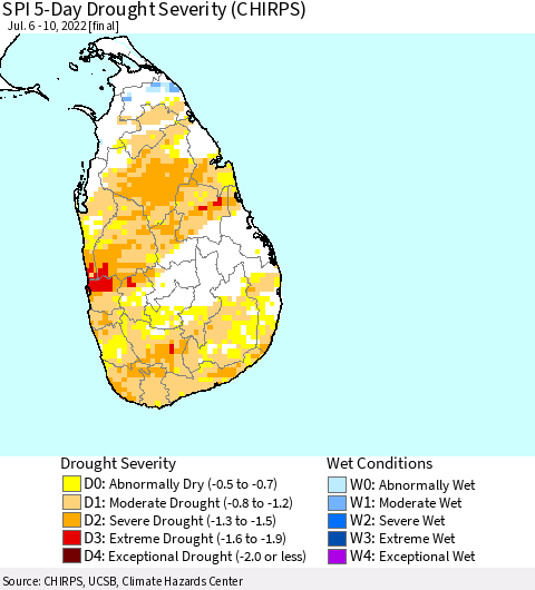 Sri Lanka SPI 5-Day Drought Severity (CHIRPS) Thematic Map For 7/6/2022 - 7/10/2022