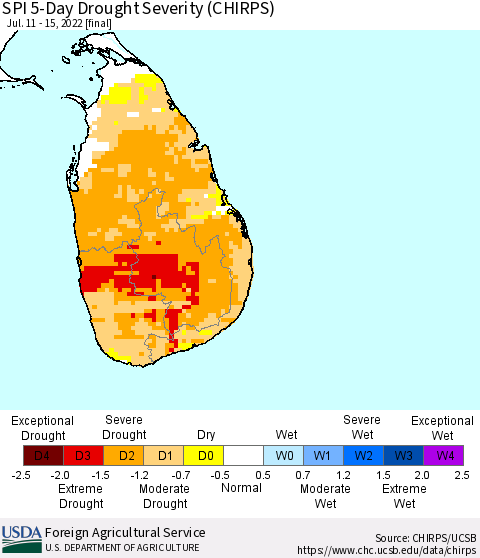 Sri Lanka SPI 5-Day Drought Severity (CHIRPS) Thematic Map For 7/11/2022 - 7/15/2022