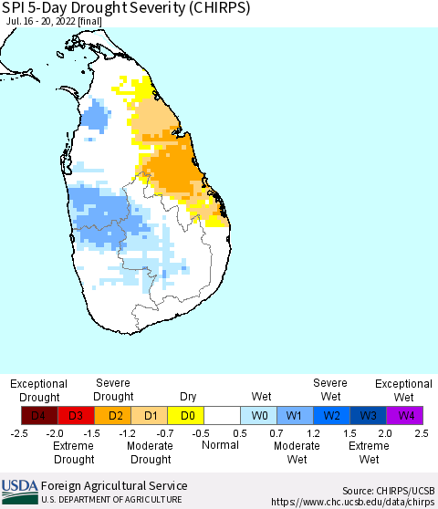 Sri Lanka SPI 5-Day Drought Severity (CHIRPS) Thematic Map For 7/16/2022 - 7/20/2022