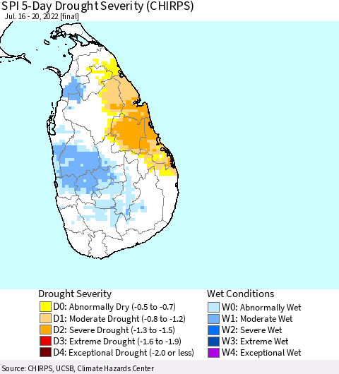 Sri Lanka SPI 5-Day Drought Severity (CHIRPS) Thematic Map For 7/16/2022 - 7/20/2022