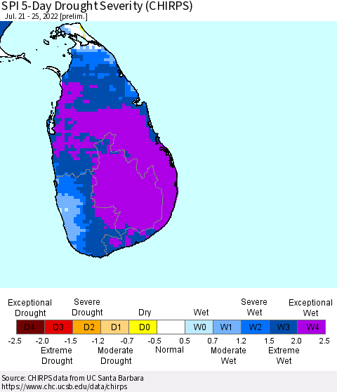 Sri Lanka SPI 5-Day Drought Severity (CHIRPS) Thematic Map For 7/21/2022 - 7/25/2022