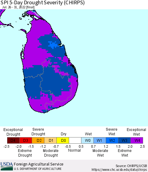 Sri Lanka SPI 5-Day Drought Severity (CHIRPS) Thematic Map For 7/26/2022 - 7/31/2022