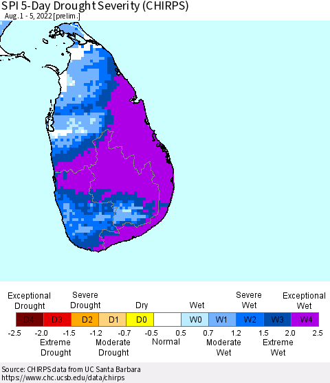 Sri Lanka SPI 5-Day Drought Severity (CHIRPS) Thematic Map For 8/1/2022 - 8/5/2022