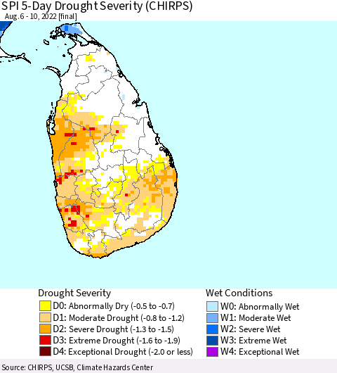 Sri Lanka SPI 5-Day Drought Severity (CHIRPS) Thematic Map For 8/6/2022 - 8/10/2022