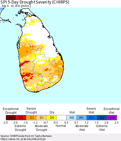 Sri Lanka SPI 5-Day Drought Severity (CHIRPS) Thematic Map For 8/6/2022 - 8/10/2022